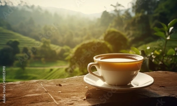 Fototapeta Cup of hot tea with sacking on the wooden table and the tea plantations background, generative AI