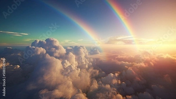 Fototapeta Rainbow in Blue sky with cloud. Beautiful landscape with multi colored with rainbow. Generative Ai.
