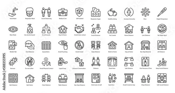 Fototapeta Social Distancing Thin Line Icons Corona Medical Iconset in Outline Style 50 Vector Icons in Black