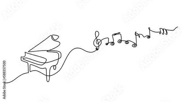 Fototapeta Music notes continuous line drawing with piano