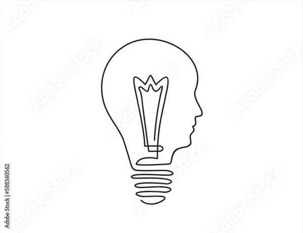 Fototapeta Continuous One  line drawing of light bulb, in the form of a human face. Creative lightbulb, Business and finance concept