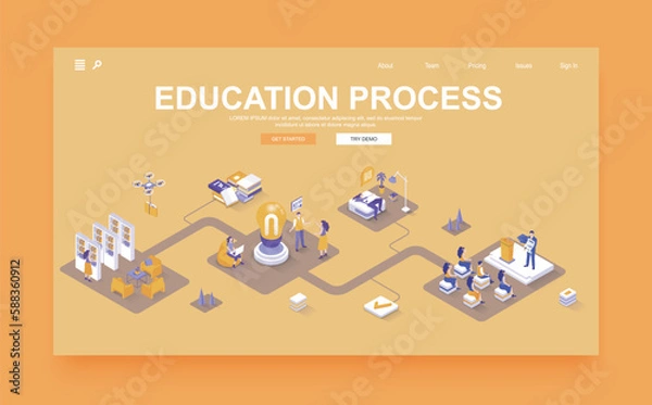 Fototapeta Education process concept 3d isometric landing page template. People studying, attend classes and library, discuss with students, graduation. Vector illustration in isometry graphic design.