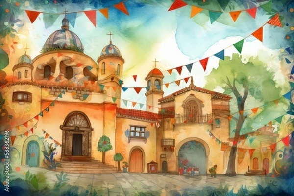Fototapeta Cinco de Mayo celebration in a traditional Mexican town square created with Generative AI technology