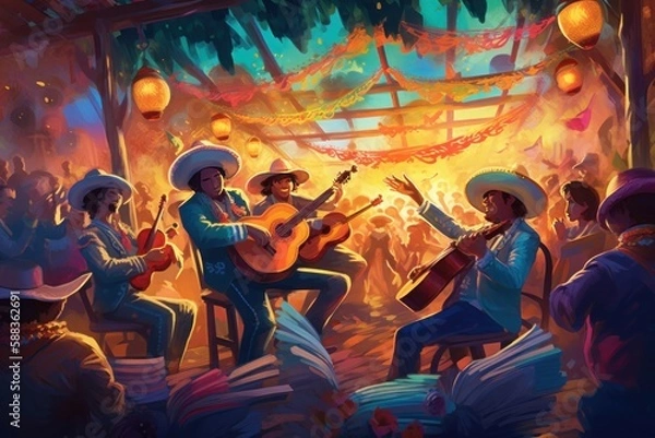Fototapeta Cinco de Mayo mariachi band performing on an outdoor stage created with Generative AI technology