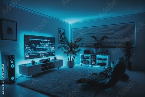 Fototapeta Luminous gaming room at night created with Generative AI 