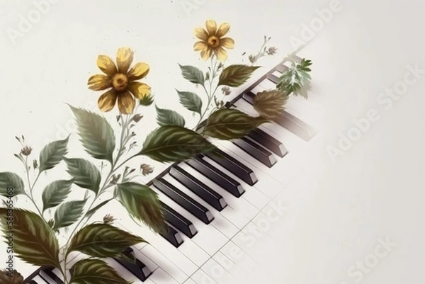 Fototapeta White and golden flowers between piano keys created with Generative AI 