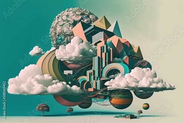 Fototapeta Computer clouds surreal utopia created with Generative AI 