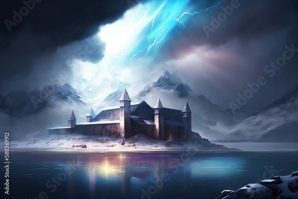 Fototapeta Magical luminous citadel. Winter landscape created with Generative AI 