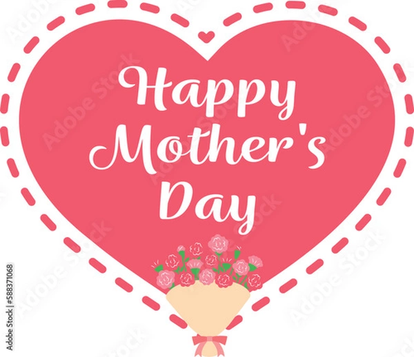 Fototapeta カーネーションの花束とハートで飾った母の日のイラスト　英語