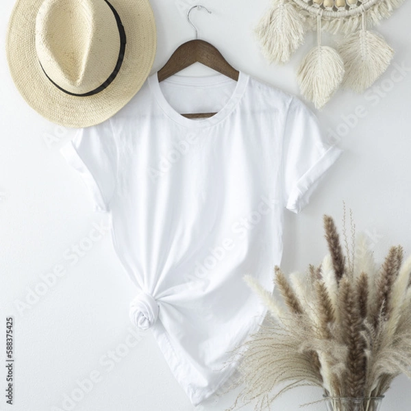 Fototapeta White boho style t-shirt mock up, front view. T-shirt design template. Blank tee for print