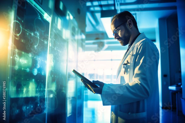 Fototapeta Physician utilizing a digital tablet within a hospital setting, embracing innovative healthcare solutions