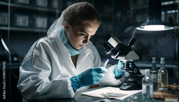 Obraz One scientist examining liquid using microscope indoors generated by AI