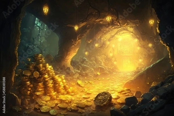 Fototapeta Golden treasure cave created with Generative AI 