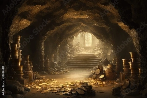 Fototapeta Golden treasure cave created with Generative AI 