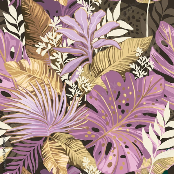 Fototapeta Fantastic tropical leaves on a dark background. Pink and beige colors. Seamless pattern. 