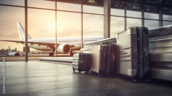 Fototapeta Suitcases in airport. Travel concept. Generative AI