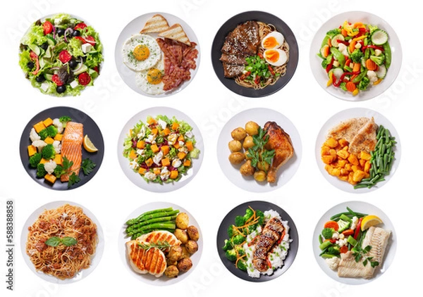 Fototapeta set of plates of food isolated on transparent background, top view