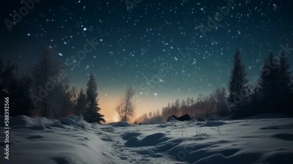 Fototapeta A bokeh background of a snowy landscape under the stars Generative AI