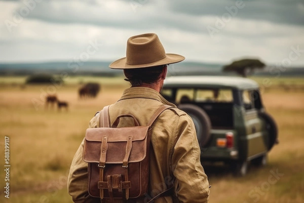 Fototapeta Traveler man on a safari in Africa, view from behind. Wilderness, truck, hat and a backpack. High quality generative ai