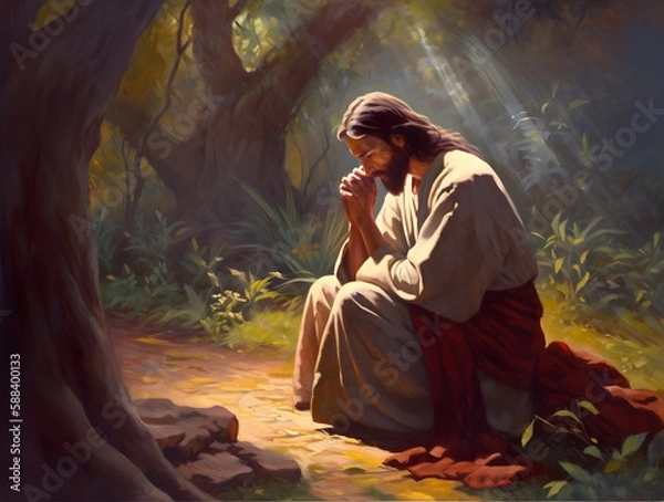 Fototapeta Jesus Christ praying in the garden of Gethsemane, oil painting created Generative Ai.