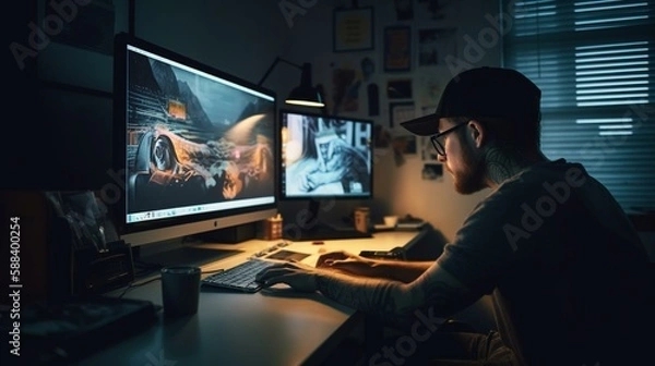 Fototapeta A graphic designer working on his computer with creative artwork and design displayed on the screen Generative AI