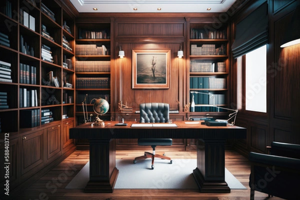Fototapeta Large office with wooden bookshelf covered walls, and large wooden desk. Generative AI
