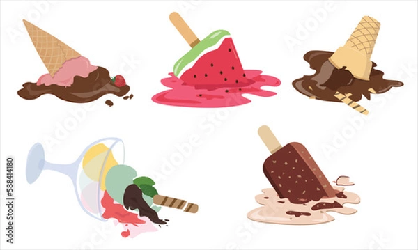Fototapeta Vector Illustration of dropped ice cream on the floor. Vector isolated on white background. 3D cartoon Style. Waffle cone ice cream, stick ice cream, ice cream glass fell on the ground.