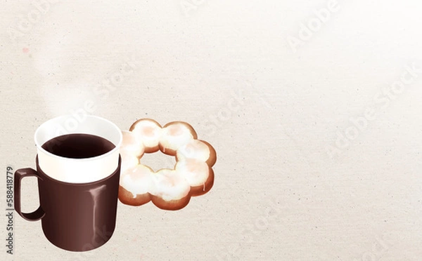 Fototapeta イラスト素材・カップホルダー付き紙コップのホットコーヒー&ドーナッツ 砂目背景 色違い・差分あり