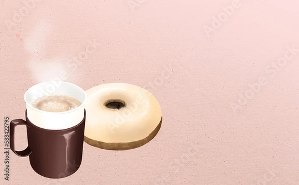 Obraz イラスト素材・カップホルダー付き紙コップのホットカフェオレ&ドーナッツ ピンク背景 色違い・差分有