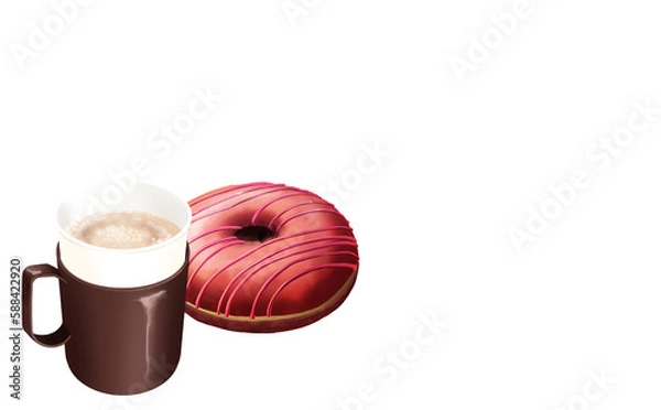 Obraz イラスト素材・カップホルダー付き紙コップのホットカフェオレ&ドーナッツ 白背景 色違い・差分有