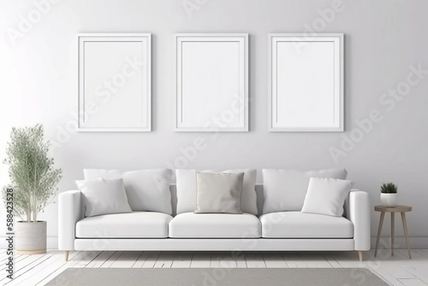 Fototapeta Blank picture frame mockup on white wall. Modern living room design. View of modern scandinavian style interior with sofa. Three vertical templates for artwork, painting, photo or poster. AI