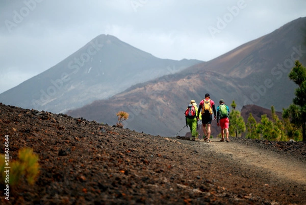 Obraz  Group of friends hiking in Tenerife with a volcano in the background. Scenic hike landscape