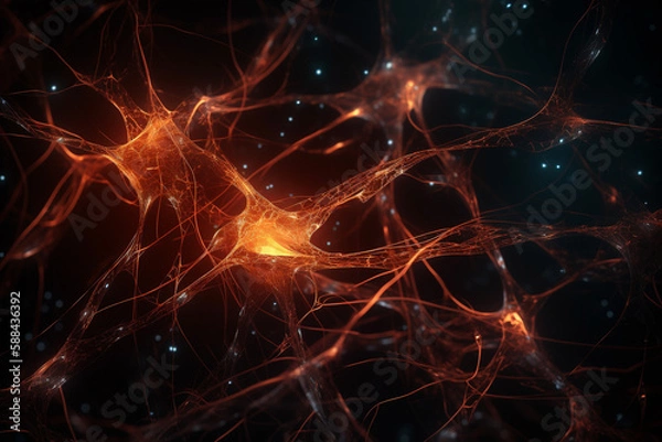 Obraz Neuron cells glowing in a neural network, conceptual illustration. Generative AI