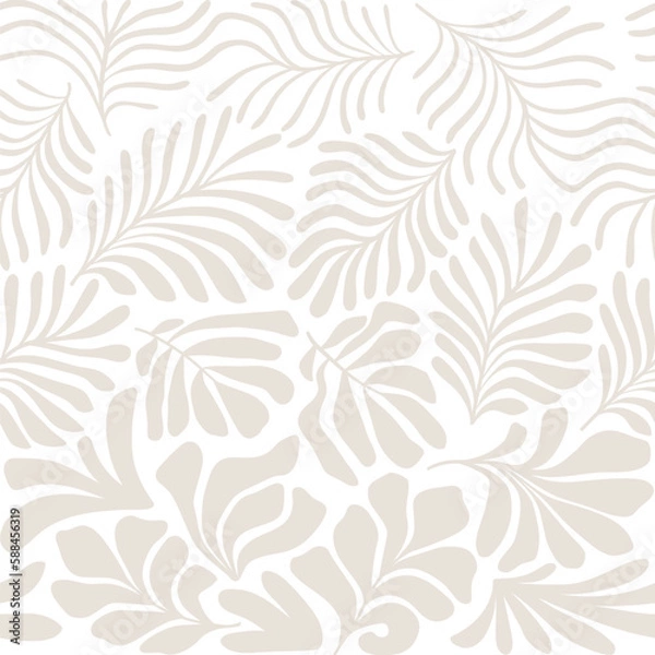 Fototapeta Beige white abstract background with tropical palm leaves in Matisse style. Vector seamless pattern with Scandinavian cut out elements.