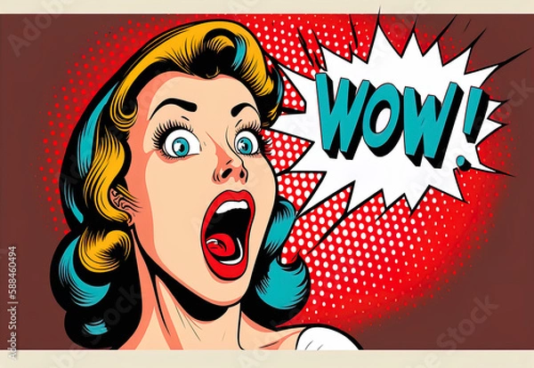 Obraz Wow effect, pop art woman with wow face. Retro pop art style surprised and excited comics woman with open mouth, surprised woman on Pop art background, generative ai