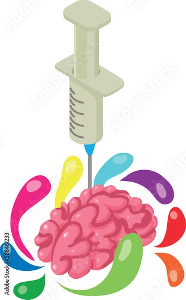 Fototapeta Neurophysiology icon isometric vector. Realistic human brain, disposable syringe. Brain science, medicine concept
