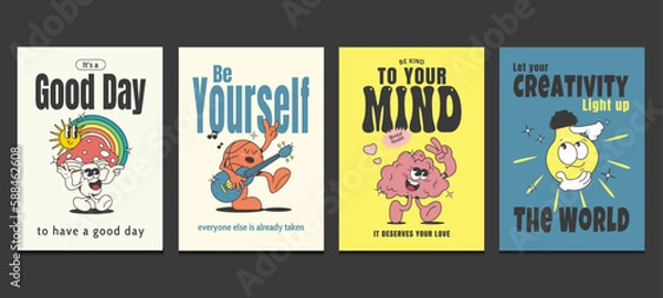 Fototapeta retro posters with positive quotes and retro cartoons in trendy style, vector illustration