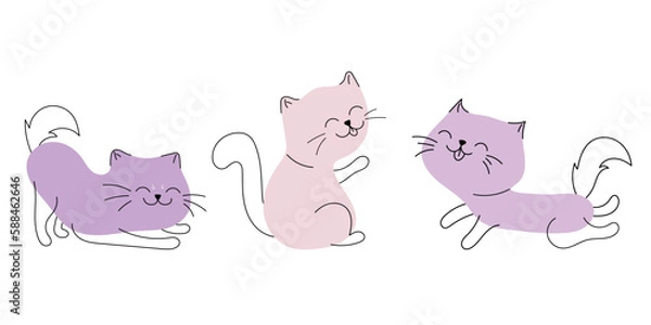 Fototapeta Cute and funny cats doodle vector set. Cartoon cat or kitten characters design collection with flat color in different poses. Set of purebred pet animals isolated on white background.