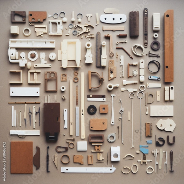 Fototapeta micro wooden parts objects ordered in a flat lay pattern, generative ai illustration