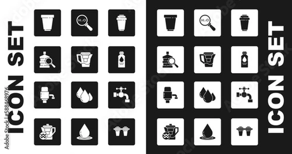 Fototapeta Set Water filter cartridge, jug with, Big bottle clean water, Bottle of, Chemical formula for H2O, tap and Mechanical pump icon. Vector