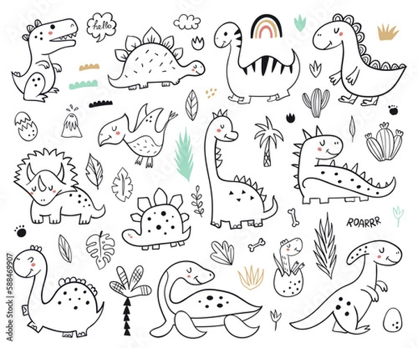 Obraz Collection of cute hand drawn dinosaurs