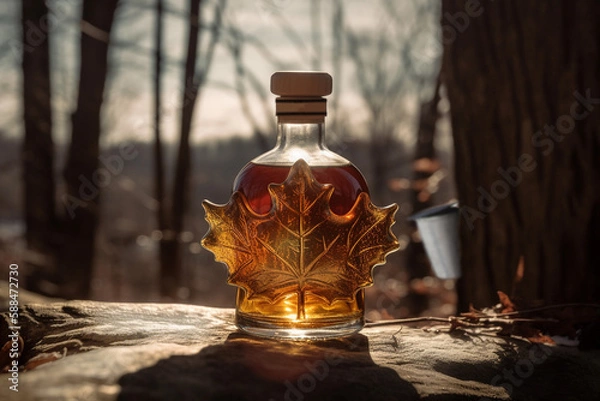 Obraz Bottle of maple syrup in the snow. Canadian tradition. At the back we see the sugar shack. Genered par IA