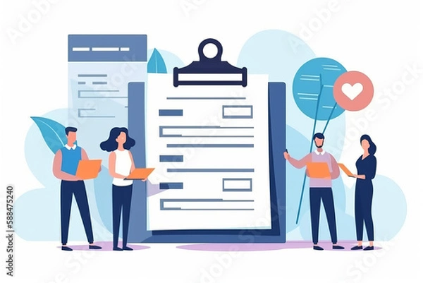 Fototapeta Completing necessary paperwork for employment or insurance purposes, filling out application forms and recording personal information, filling out a cecklist, vector illustration, generative AI