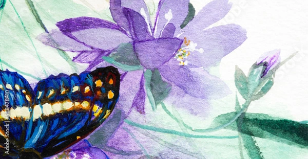 Fototapeta Blue butterfly and a flower closeup, watercolor on white background.