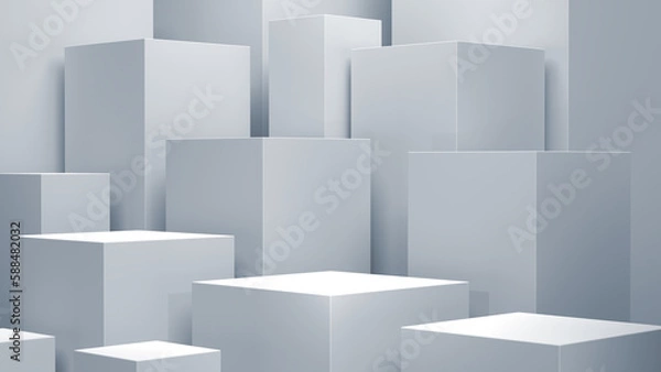 Obraz white staircase of cube of podiums on an isolated background, white geometric, realistic pedestal, cosmetic showcase, template, copy space, advertising, product display, 3D Rendering