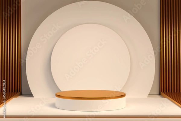 Obraz white cylinder podiums with light beam on luxury warm background, white geometric, round realistic pedestal, cosmetic showcase, template, copy space, advertising, product display, 3D Rendering