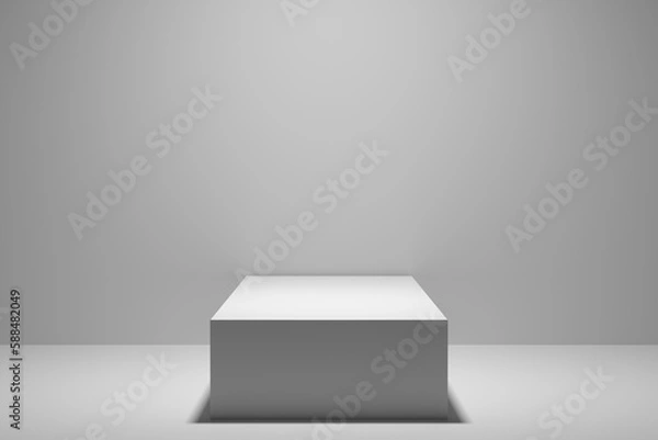 Obraz catwalk podium, white geometric, realistic pedestal, cosmetic showcase, template, copy space, advertising, product display, 3D Rendering