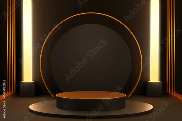 Obraz black and gold cylinder podiums with light beam on luxury warm background, geometric, round realistic pedestal, cosmetic showcase, template, copy space, advertising, product display, 3D Rendering