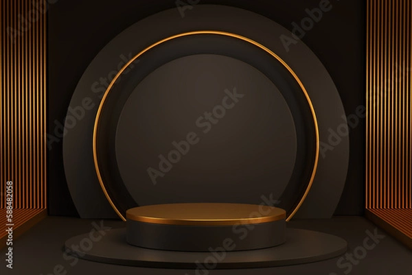 Obraz black cylinder podiums with golden line circle on dark background, geometric, round realistic pedestal, cosmetic showcase, template, copy space, advertising, product display, 3D Rendering