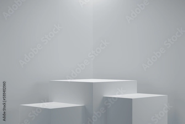 Obraz white cube podiums on background, geometric, box realistic pedestal, cosmetic showcase, template, copy space, advertising, product display, 3D Rendering